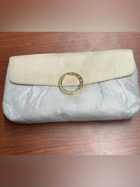 Bulgari Beige Suede and Shimmer Silver Cosmetic Bag with Gold Logo Ring